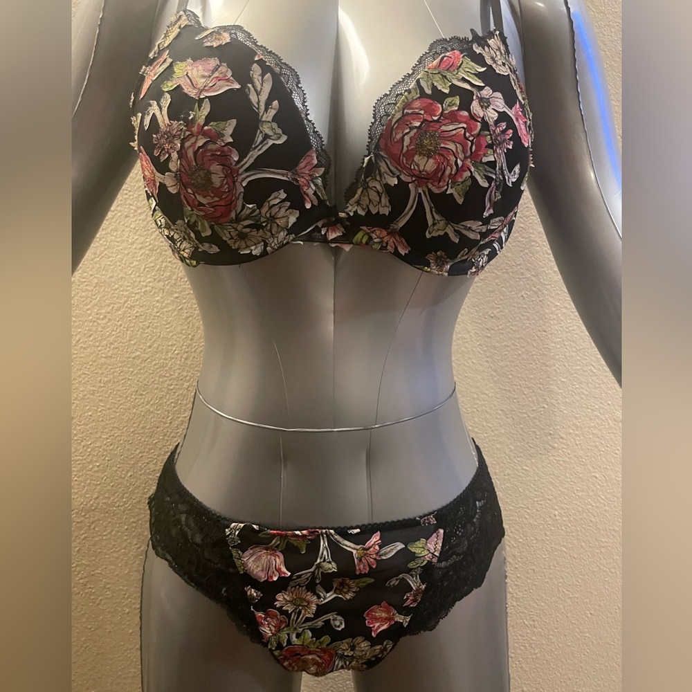 Victoria's Secret Black Bra & Panty Set with Red Floral Design